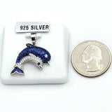 Solid 925 Sterling Silver. Couple Dolphins Blue Silver CZ Pendant Chain