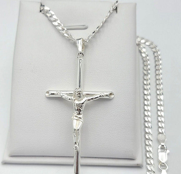 Solid 925 Sterling Silver. Cross Crucifix Pendant Necklace Unisex