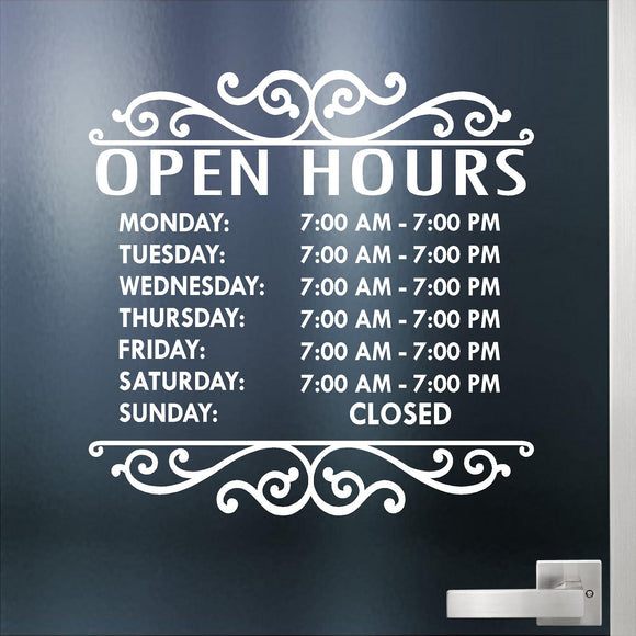 Custom Decal - Business Hours. Store Hours Decal. Style 2