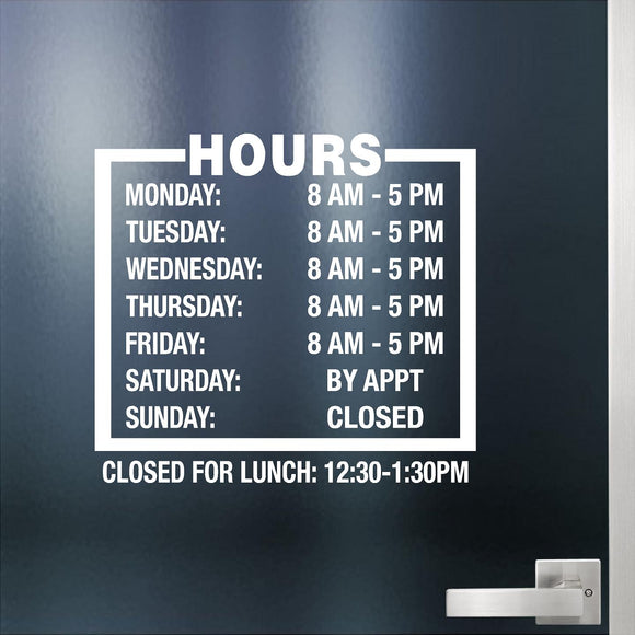 Custom Decal - Business Hours. Store Hours Decal. Style 3