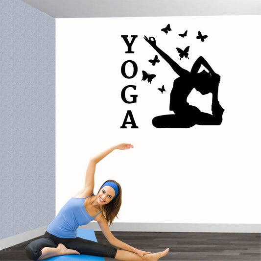 Stickers. Vinyl Wall Decal. Fitness. Gym. Exercise:  YOGA Pose with butterflies.