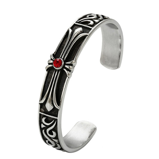 Bangles - Stainless Steel. Black Accents - Cross - Red Crystal.