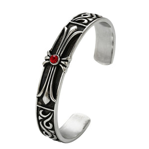 Bangles - Stainless Steel Bracelets. Black Accents - Cross - Red Crystal. *Premium Q*